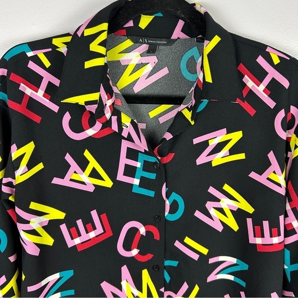 Armani Exchange Patterned Long Sleeve Button Down Blouse Medium Black - Picture 5 of 14
